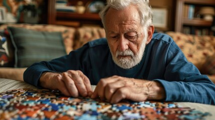 Elderly Man Focused on Assembling Jigsaw Puzzle Indoors