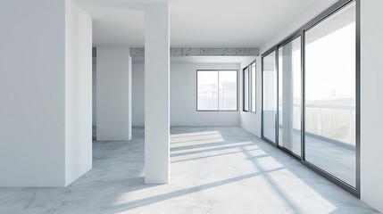 Empty apartments with white walls and big windows.