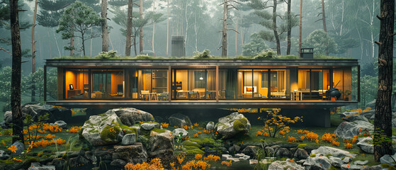 Secluded Luxury Home Amidst the Forest, Modern Architecture Blending with Nature, Mysterious and Expensive Dwelling
