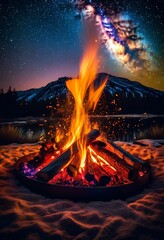 illustration, mesmerizing long exposure campfire beneath starry night sky, stars, flames, burning, wood, embers, glowing, dark, outdoors, nature, astrophotography, stars