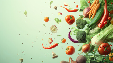 Captured in mid-air, these fresh vegetables including carrots, tomatoes, peppers, and greens, convey a healthy lifestyle and the joy of cooking with fresh ingredients