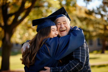 Graduate in gowns and caps with tassels hugs her father. End of study, graduation.