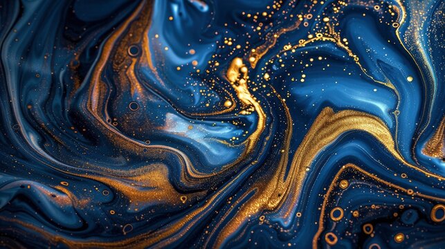 Abstract blue and gold liquid background with swirls of paint, creating an artistic pattern. Style raw stock photo in the style of social media banner for instagram styles,