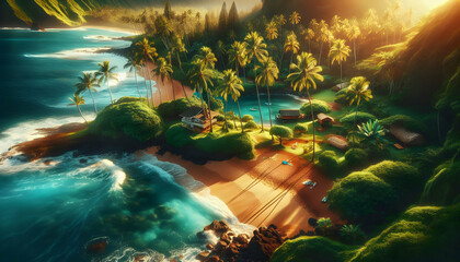 Hawaiian Harmony: Lush Landscapes, Playful Waves, and Aloha Spirit in Famous Location - Pacific Paradis - obrazy, fototapety, plakaty