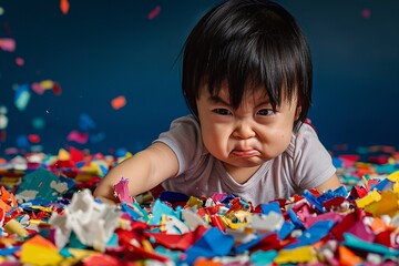 Shot of Asian toddler, 2-3, hurling an object, broken pieces, angry expression, perfect for a parenting magazine, vivid colors.