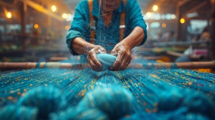 By the original weavers of indigo cotton. elderly women spin natural colorful threads or yarn in their traditional community in the province - obrazy, fototapety, plakaty