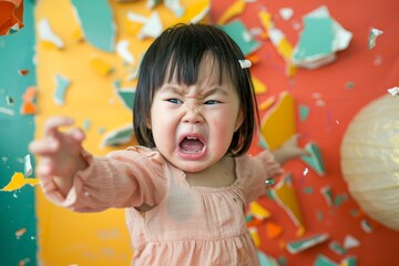 Shot of Asian toddler, 2-3, hurling an object, broken pieces, angry expression, perfect for a parenting magazine, vivid colors.