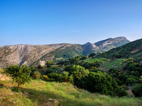 View towards the Monastery of Fotodoti and Mount Zas (Zeus), Naxos Island, Cyclades, Greek Islands