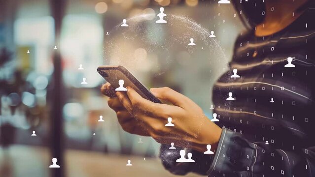 Concept of modern social networking, user engaging with smartphone amidst virtual connections.