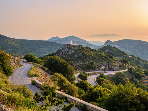 View towards the Prophet Elias Church at sunset, Naxos Island, Cyclades, Greek Islands