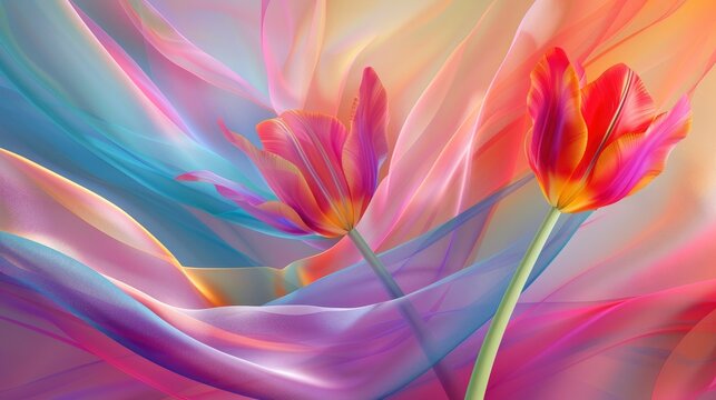 Abstract colorful background with flowing ribbons of fabric, tulips and waves of colors in the air. Abstract concept for design. Abstract background, 3D