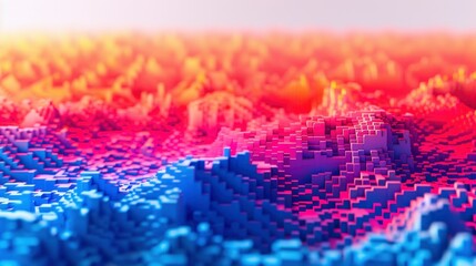 Abstract colorful gradient background with three-dimensional pixelated landscape. The texture is made in the style of bright red, blue and orange colors that create an illusion