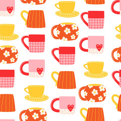 Seamless pattern with modern colorful cups in flat style - obrazy, fototapety, plakaty