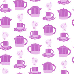 Seamless pattern with a purple teapot and cup set with flower hot tea