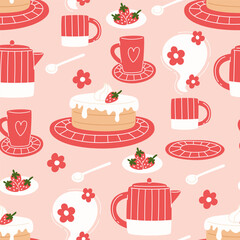 Seamless pattern with a strawberry cake and hot drink - obrazy, fototapety, plakaty