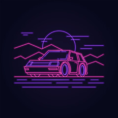 Pink neon car stands on the mountains and sunset background. Retro line landscape in 80s style arcade game.