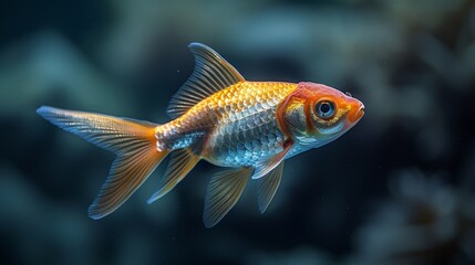 A silver fish, or goldfish, is a fish kept in an aquarium. Goldfish isolated on black background.