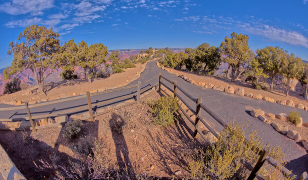 The divided paved entry pathway to the Powell Memorial from the parking lot off Hermit Road, Grand Canyon, Arizona, United States of America