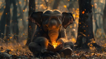 reading a book on an elephant with a forest background.