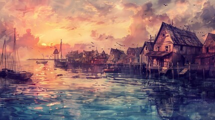 Seaside village at sunset, concept art for wall decor, showcasing warm pastel tones and watercolor textures - obrazy, fototapety, plakaty