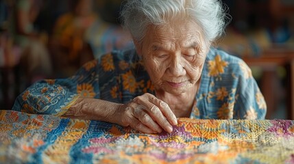 craftsmen weave indigo-colored Thai cotton. This elderly Thai woman demonstrates how to weave spinning threads in natural colors. - obrazy, fototapety, plakaty