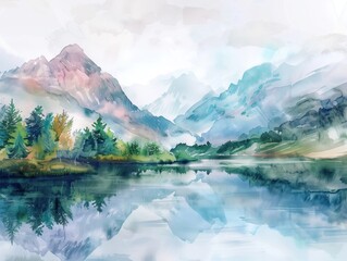 Serene landscape with a tranquil lake, concept art for wall decor in watercolor tone and pastel colors