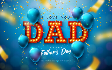 Happy Father's Day Greeting Card Design with Gold Falling Confetti, Balloon and Light Bulb Billboard Lettering on Blue Background. Vector Celebration Illustration for Best Dad. Template for Banner
