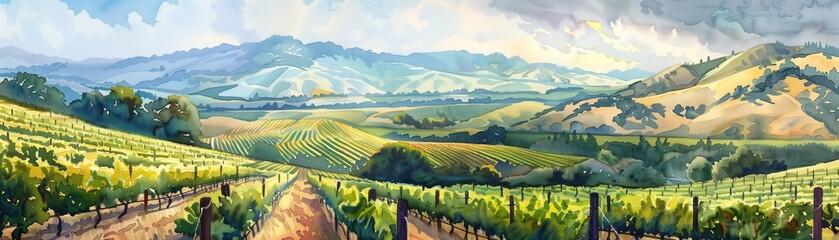 Sweeping views of rolling hills and vineyards, concept art for wall decor in watercolor and pastel, offering a serene vista