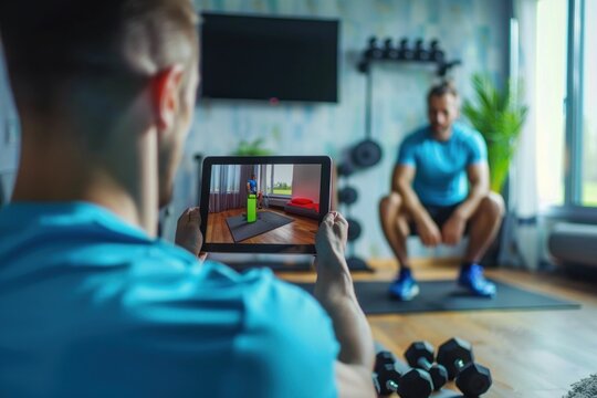 Man taking selfie video with ipad in gym during workout session
