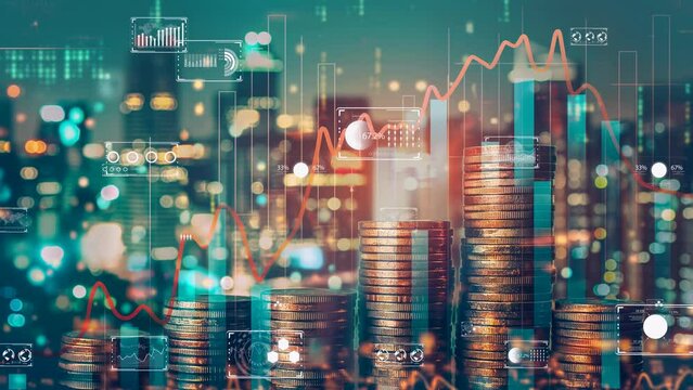 Digital economy visualized with rising graphs and currency, techno-financial environment.