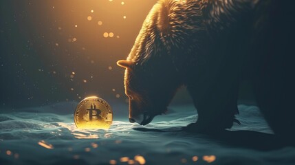 A bear casting a shadow over a brightly lit crypto coin, illustrating a bearish turn in the market - obrazy, fototapety, plakaty
