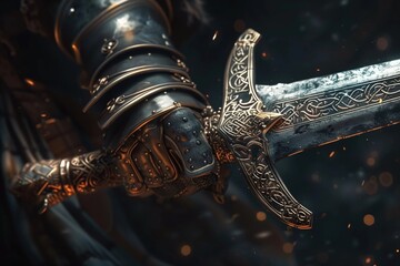 A knights hand gripping the hilt of a magical sword, close-up on the runes etched into the blade, unique hyper-realistic illustration - obrazy, fototapety, plakaty