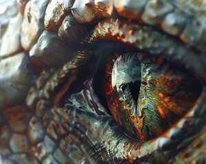 A mythical creatures eye, capturing its wisdom and mystery, close-up with intricate detail, unique hyper-realistic illustration - obrazy, fototapety, plakaty