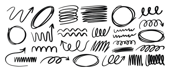 Set of scribble doodle element vector. Hand drawn doodle style collection of speech bubble, scribble, marker, highlight, arrow. Design for print, cartoon, card, decoration, sticker.