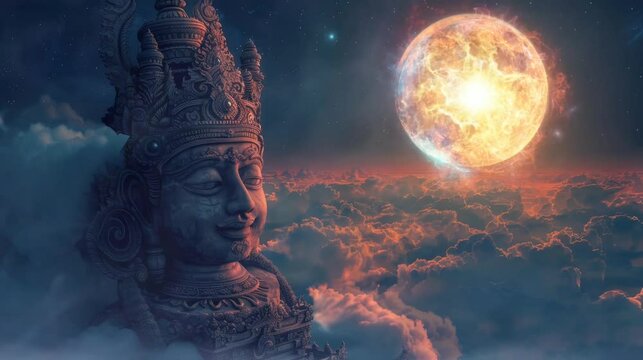 
The view of a statue at night above the clouds with a very beautiful full moon. seamless looping time-lapse virtual 4k video Animation Background.