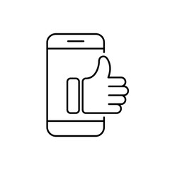 Thumb up from smartphone screen line icon. Editable stroke