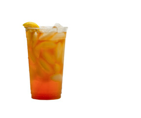 Photograph of a Clear cup of Ice Tea or Sweet Tea with lemon on a white background with copy space.