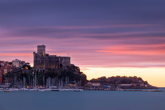 A long exposure to capture the sunrise at Lerici Castle, La Spezia province, Liguria, Italy