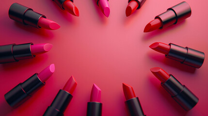flat lay lipstick row in round shape on pink background for advertisement, lipsticks commercial banner, cosmetic poster