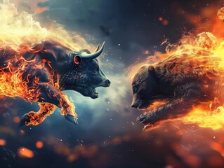 Cryptocurrency trends depicted by a bull and a bear in a dynamic battle, symbolizing market ups and downs