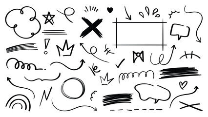 Set of cute pen line doodle element vector. Hand drawn doodle style collection of scribble, speech bubble, arrow, star, crown, heart. Design for print, cartoon, card, decoration, sticker.