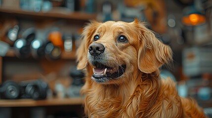 A veterinarian examines the ear of a Golden Retriever dog using medical equipment.