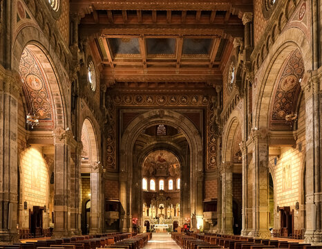 Interior of Corpus Domini Church, blending Neo-Romanesque, Neo-Byzantine, and Art Nouveau styles, completed in 1901, elevated to minor basilica status by Pope Pius XII, Milan, Lombardy, Italy