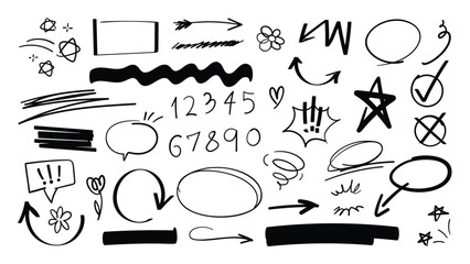 Set of cute pen line doodle element vector. Hand drawn doodle style collection of scribble, speech bubble, arrow, flower, star. Design for print, cartoon, card, decoration, sticker.