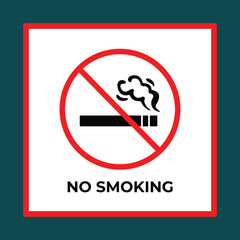 No Smoking area sign age poster design sticker. Cigarette not allowed vector illustration silhouette isolated on square dark green colored background.