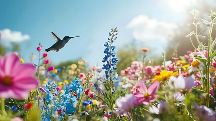 A Captivating Image of a Hummingbird Hovering Over Flowers