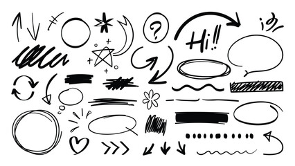 Set of cute pen line doodle element vector. Hand drawn doodle style collection of scribble, speech bubble, arrow, heart, flower. Design for print, cartoon, card, decoration, sticker.