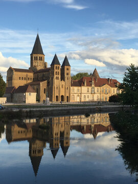 Sacred Heart Basilica, reflected in the Bourbince River, Paray-le-Monial, Saone-et-Loire, Bourgogne-Franche-Comte, France