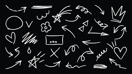 Set of cute pen line doodle element vector. Hand drawn doodle style collection of scribble, speech bubble, arrow, crown, flower, heart. Design for print, cartoon, card, decoration, sticker.