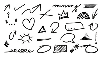 Set of cute pen line doodle element vector. Hand drawn doodle style collection of scribble, speech bubble, arrow, heart, crown. Design for print, cartoon, card, decoration, sticker.